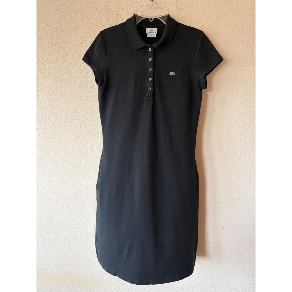 Lacoste Womens Black Pique Cotton Stretch Polo Dress Size 38 4811L Pocketed